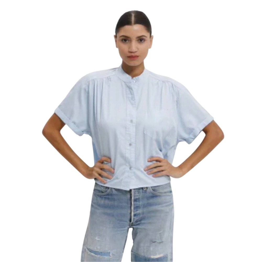 Cali by Cali Dreaming Louella Shirt Women Baby Blue Cotton Short Sleeve Size XS